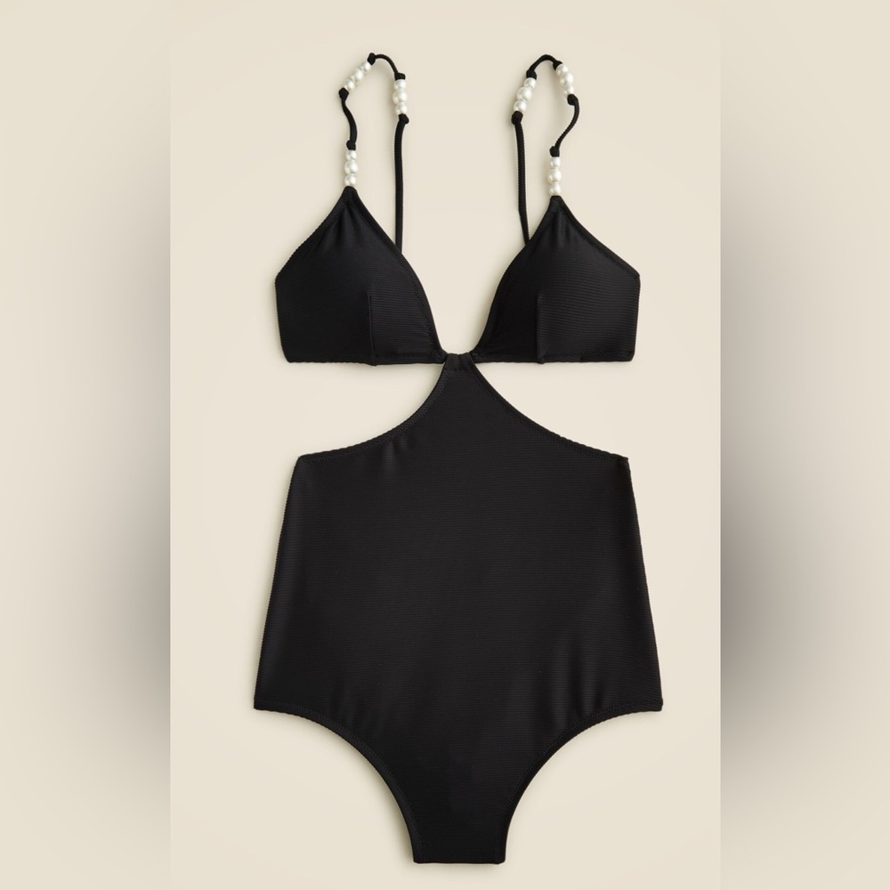 J Crew women’s size 24 NWT black ribbed cutout one piece with pearl accents